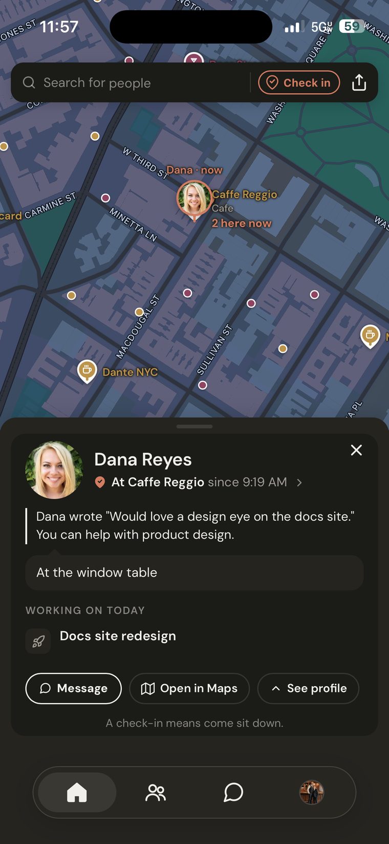The map: faces at cafés, cowork pins with times, and the Coworks drawer