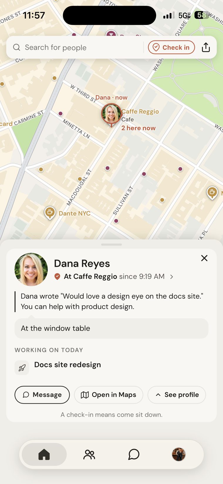 The map: faces at cafés, cowork pins with times, and the Coworks drawer